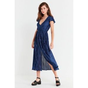 Blue Metallic Pleated Midi Dress